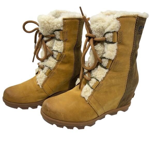 Sorel Hidden Wedge Booties Size 7.5 Joan Of Arctic II Shearling Camel Waterproof - Picture 1 of 11